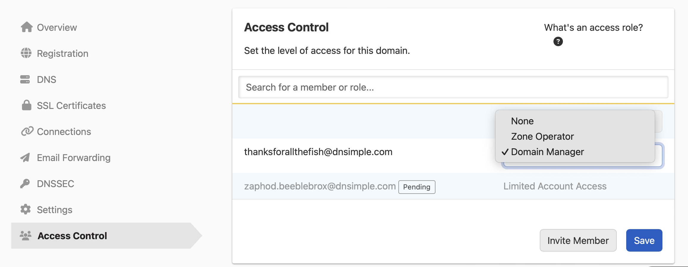 screenshot: roles per domain