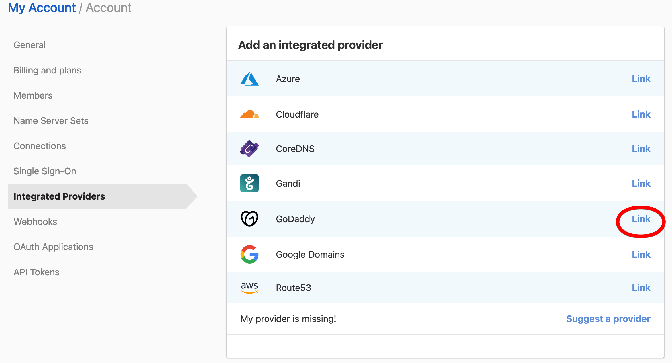 Link an Integrated Domain Provider