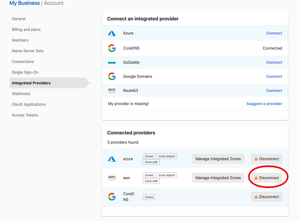 Disconnect an Integrated DNS Provider