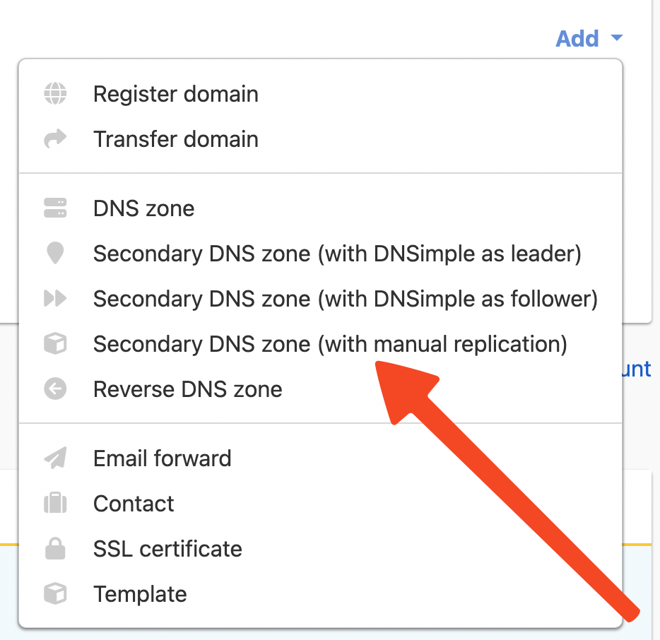 Adding a secondary DNS zone with manual replication