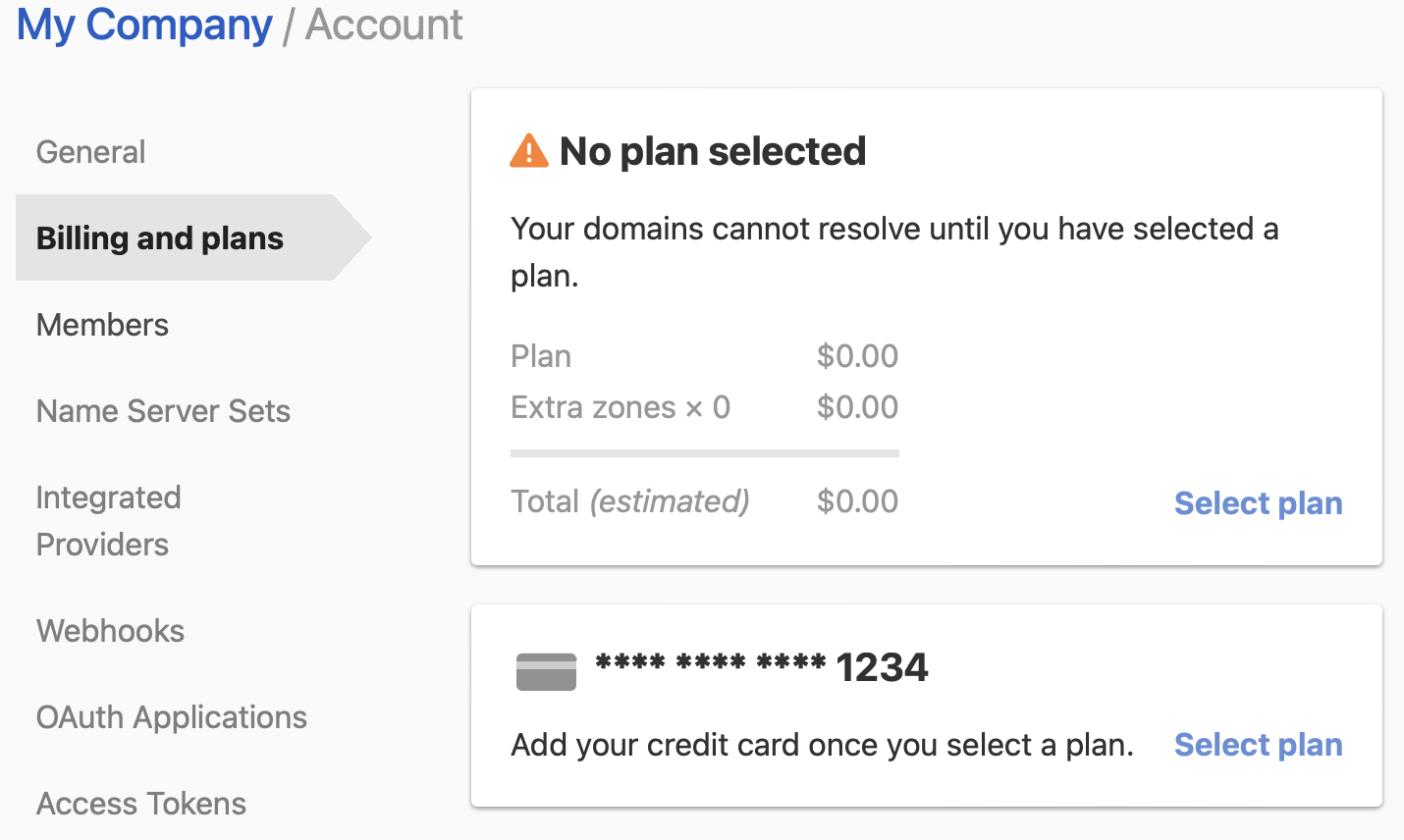 screenshot of choosing plan for account