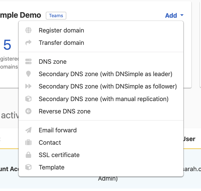 screenshot: Showing options for adding domains