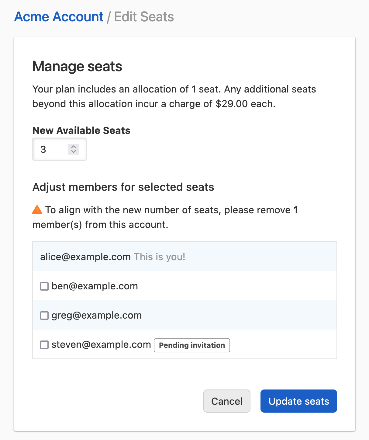 Decreasing seats when the number of account members exceeds the newly selected seat count