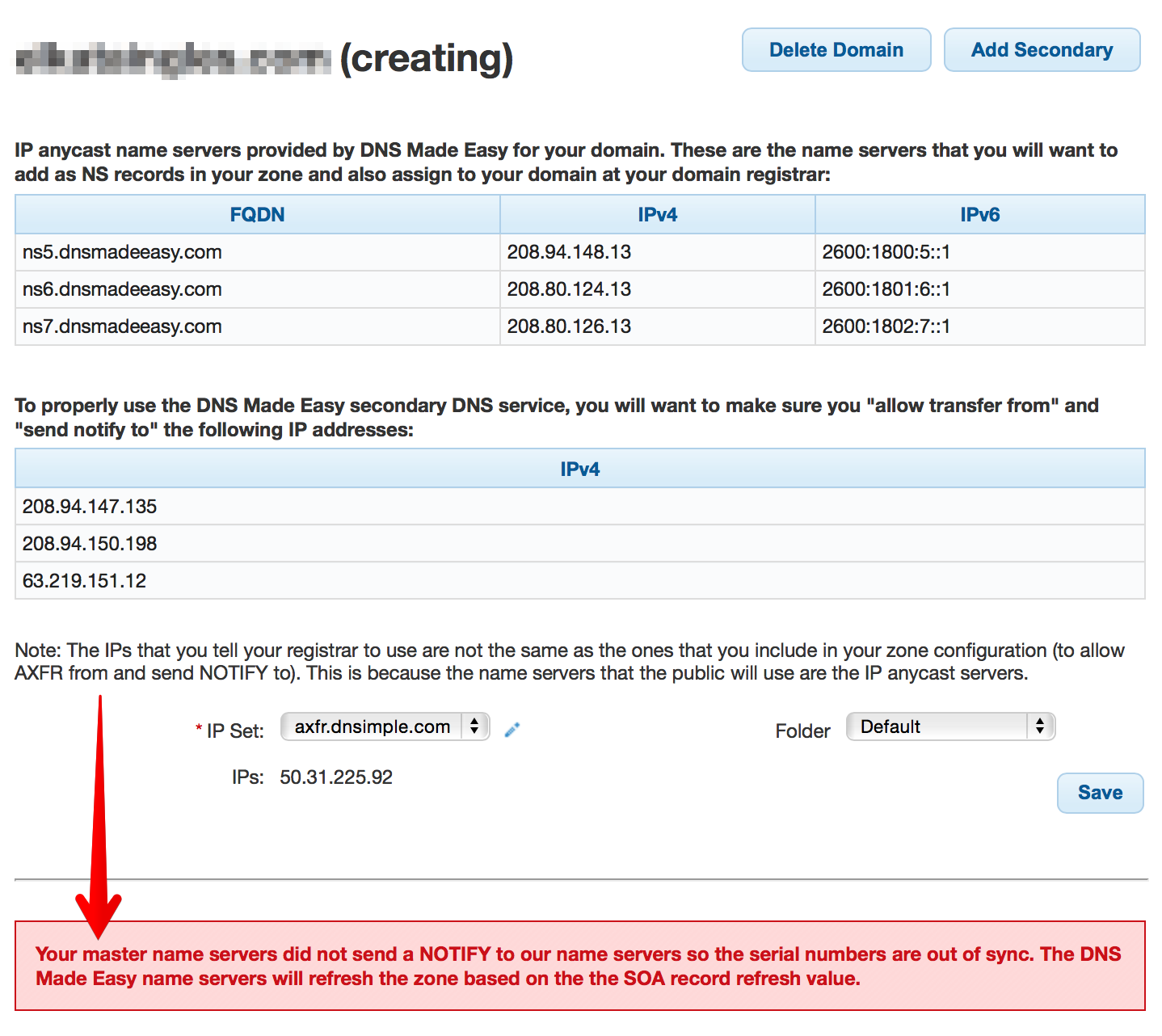 DNSMadeEasy configuration details not in sync