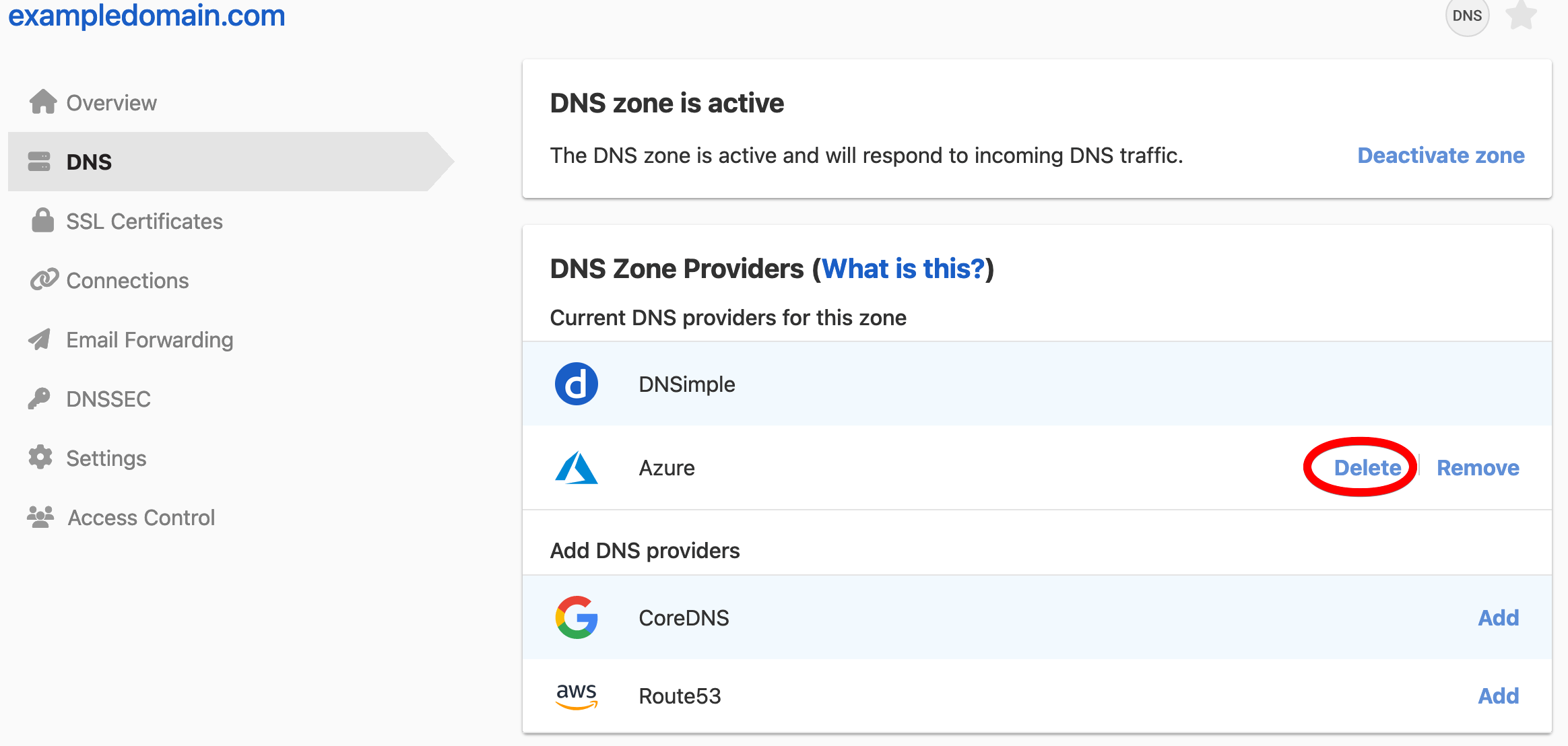 Deleting a Zone from the DNS Zone Providers card