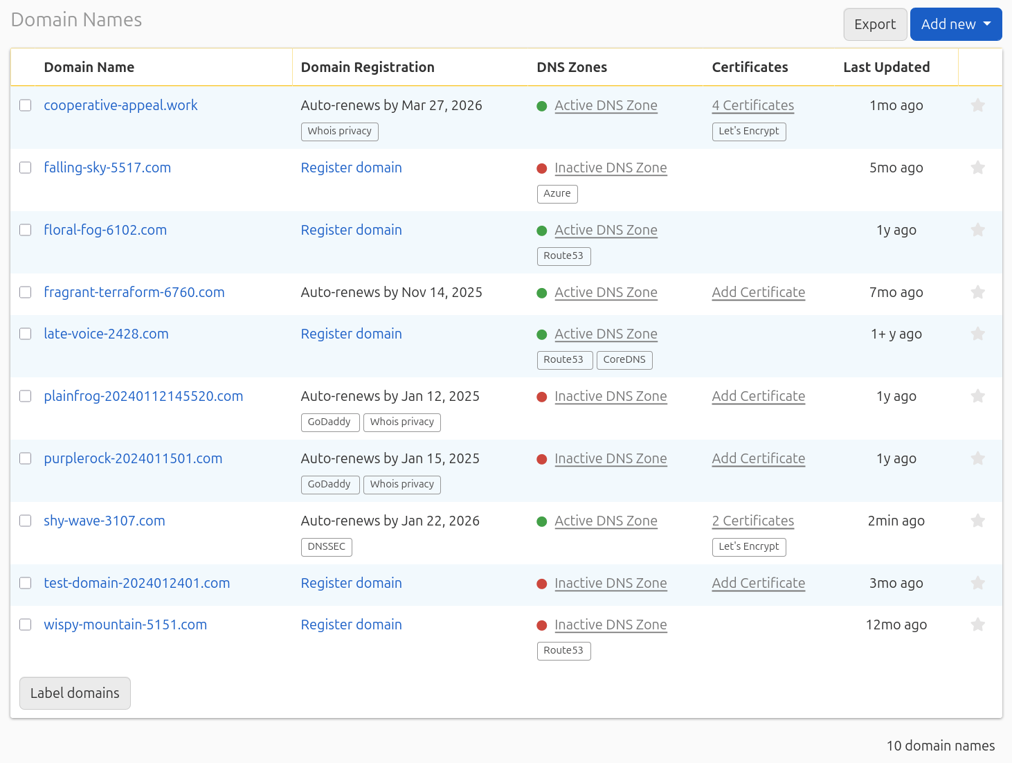 screenshot of list of domain names