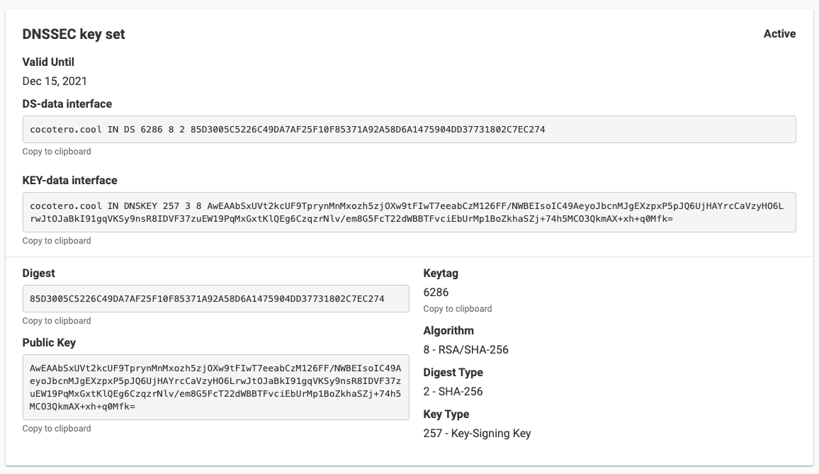 screenshot: showing dnssec key set
