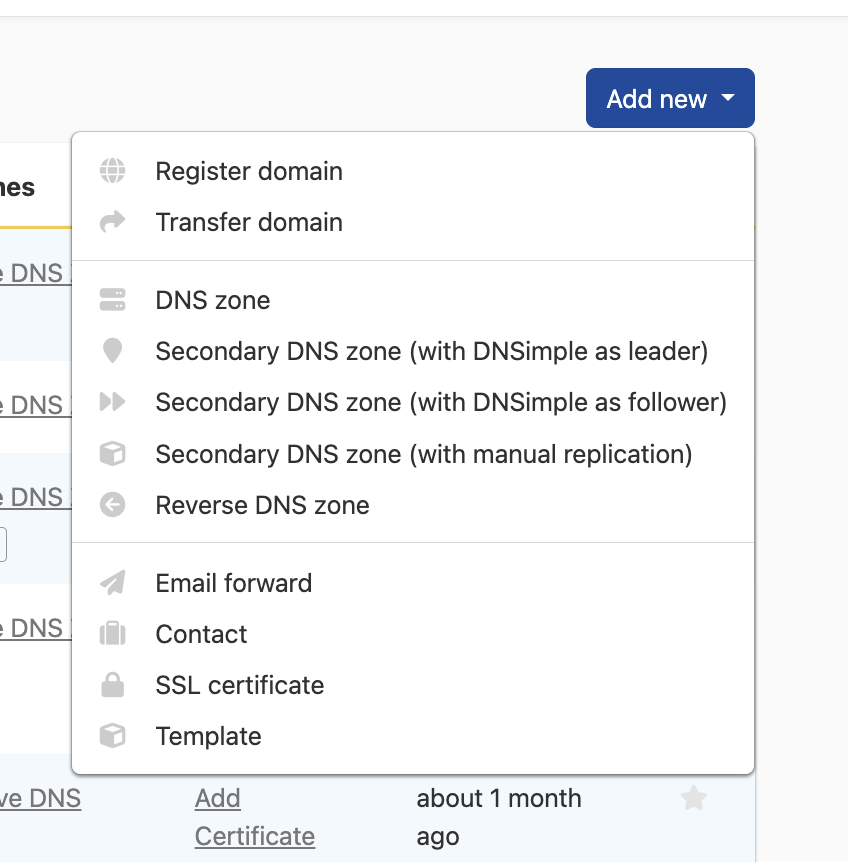 screenshot: Showing menu of actions to take on a domain