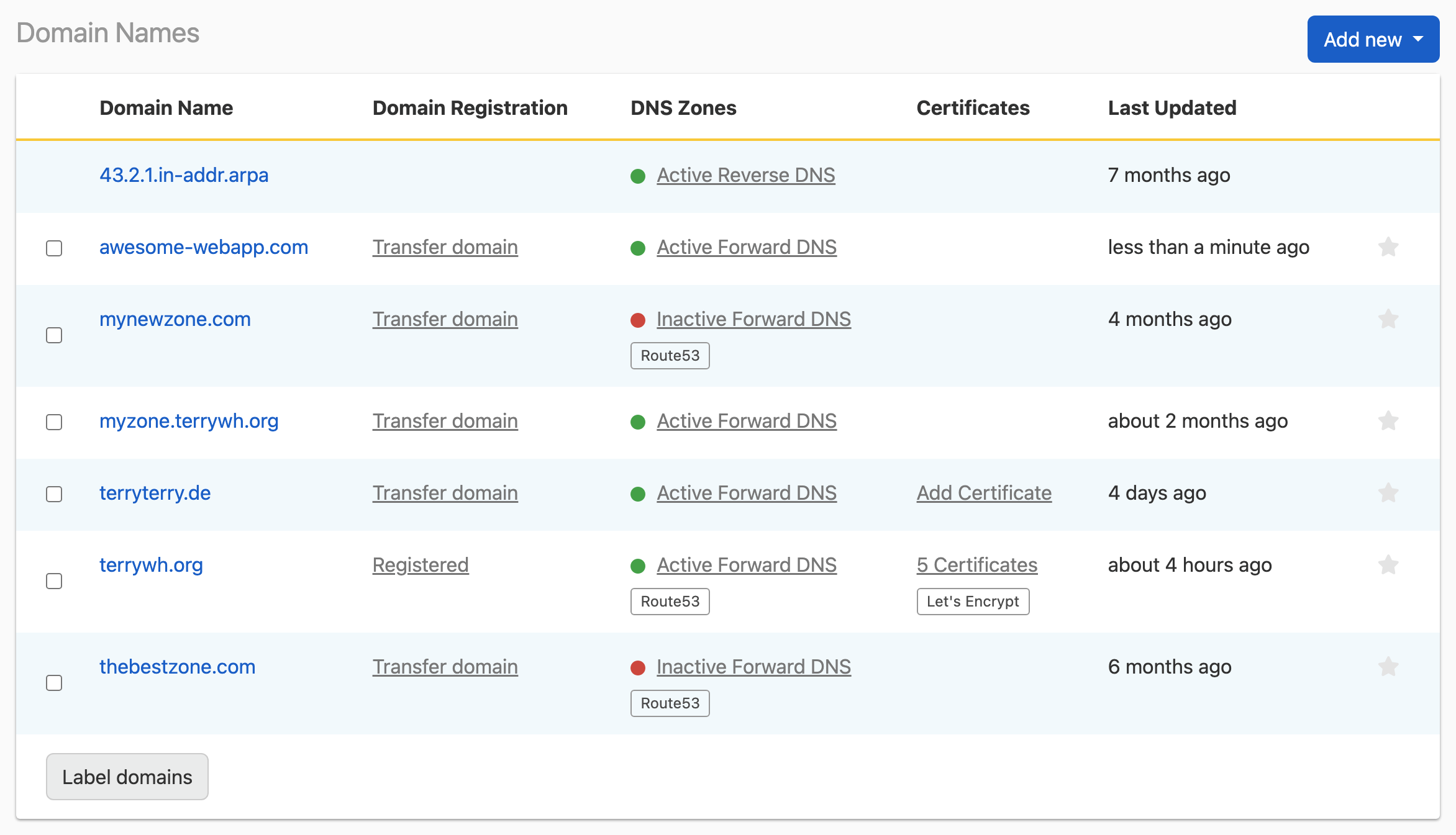 Domain Names page