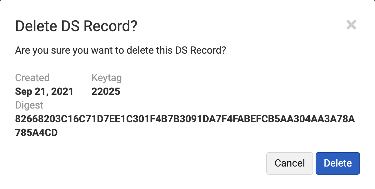 screenshot: Showing confirmation prior to deleting DS record