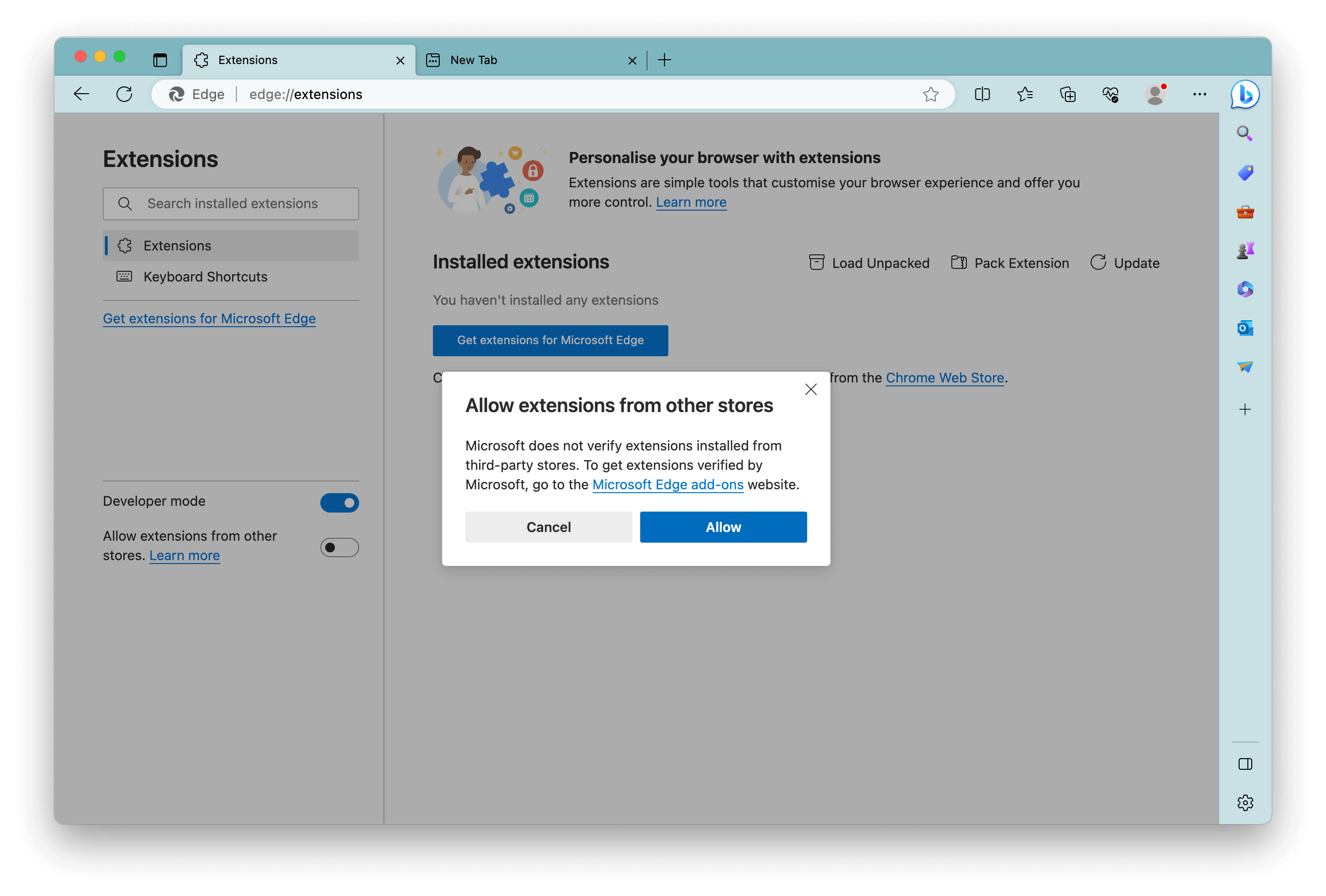 Screenshot: Edge Allow Extensions from Other Stores