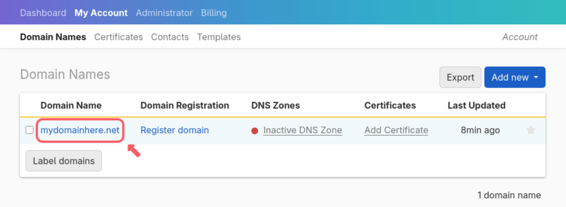 Domain Names Tab