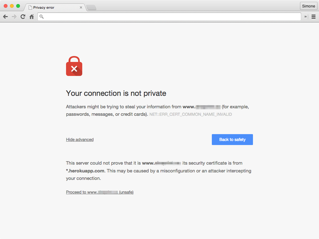 screenshot: Showing SSL certificate error in Chrome