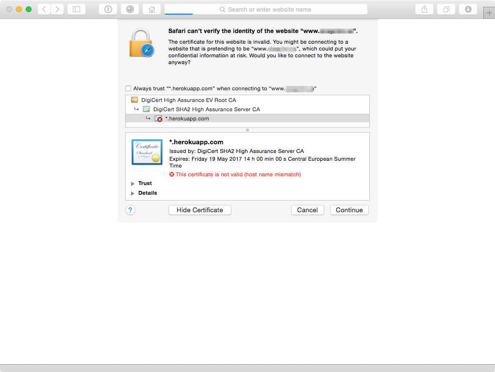 screenshot: Showing SSL certificate error in Safari