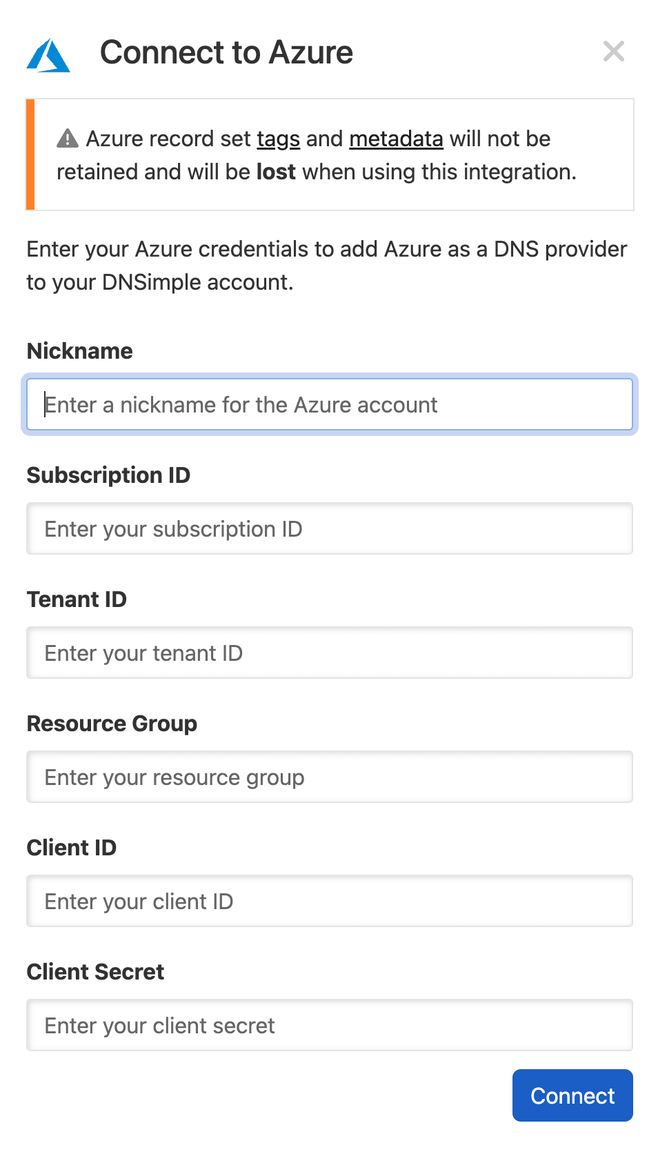 Connecting Azure DNS as an Integrated DNS Provider