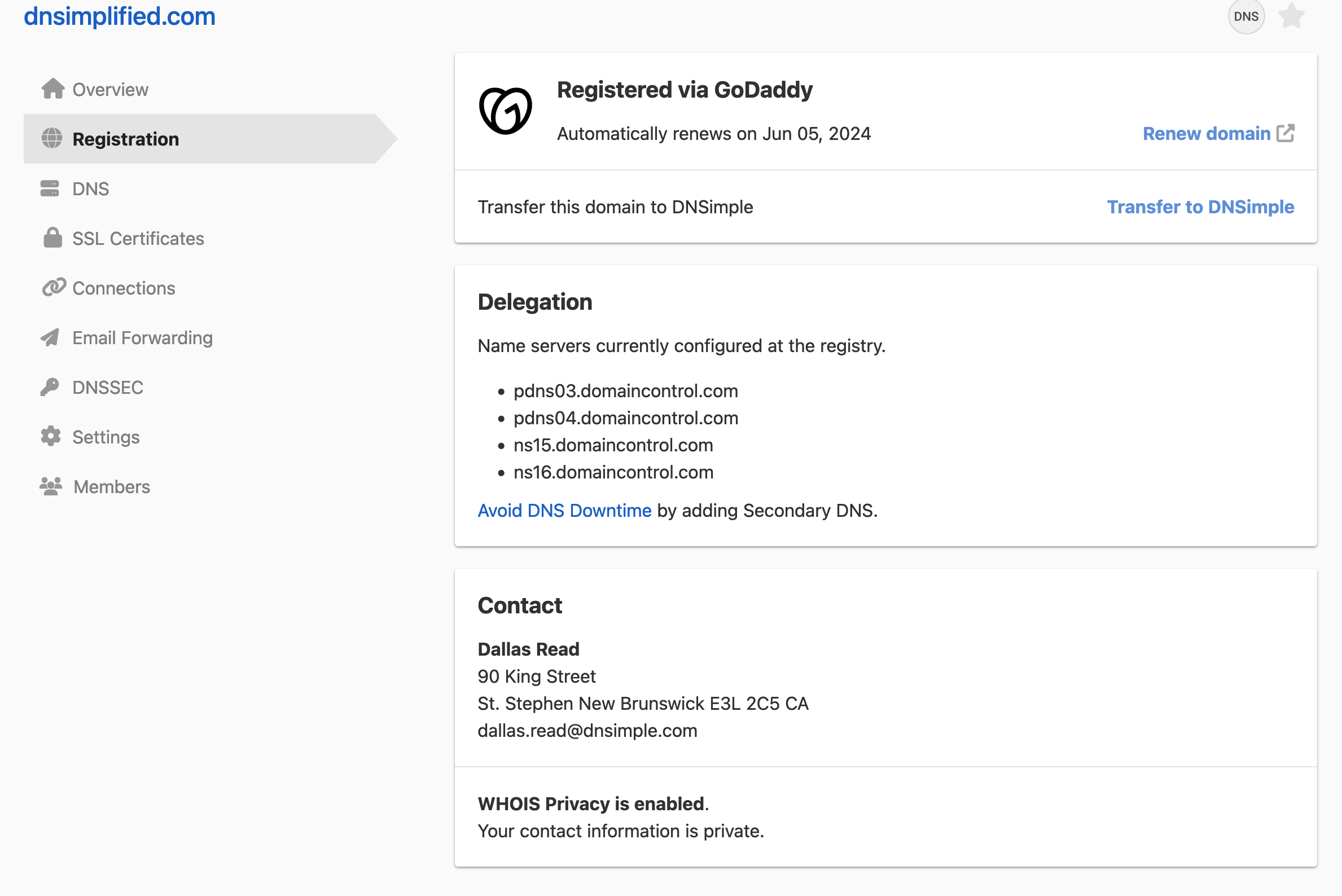 Integrated domain registration details