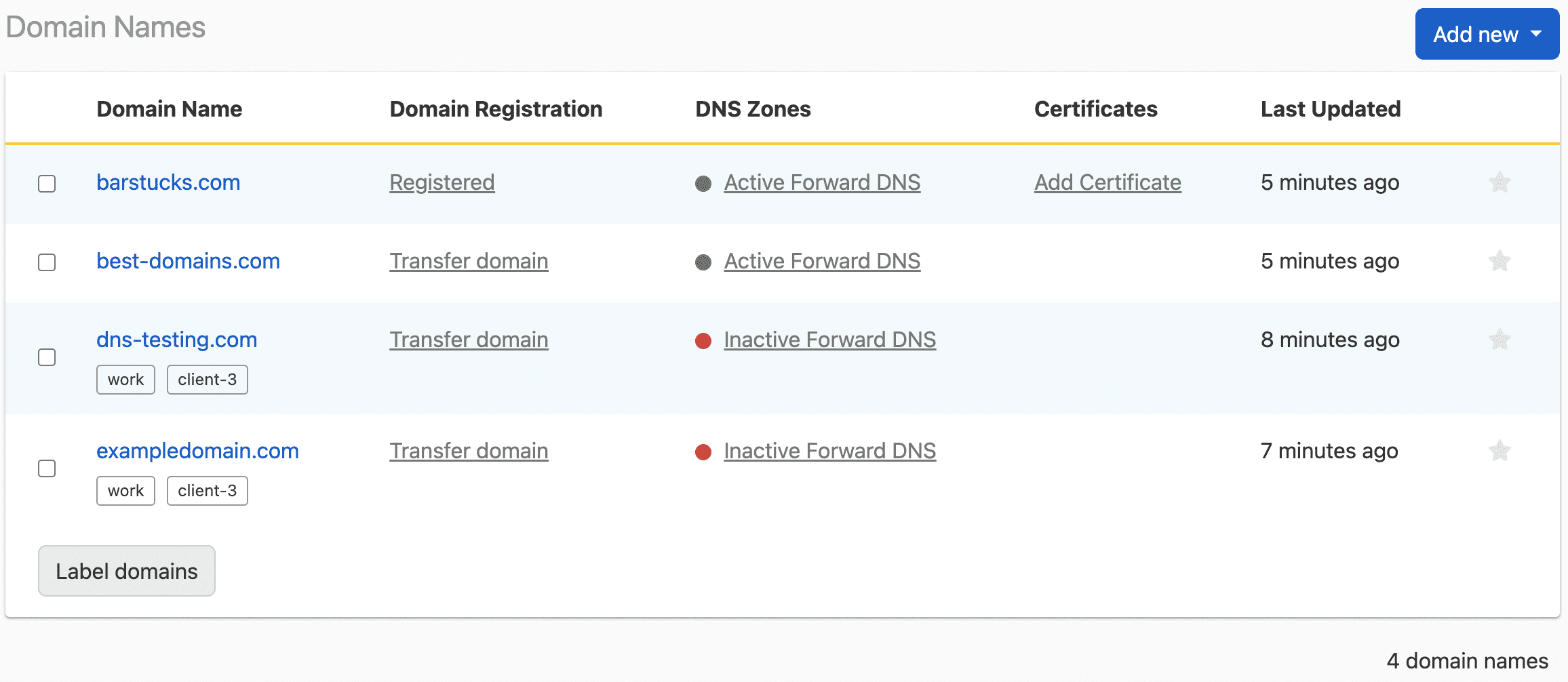 Domain list includes labels