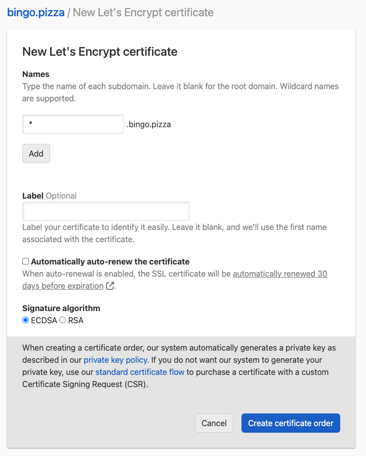 Order overview for Let's Encrypt wildcard certificate