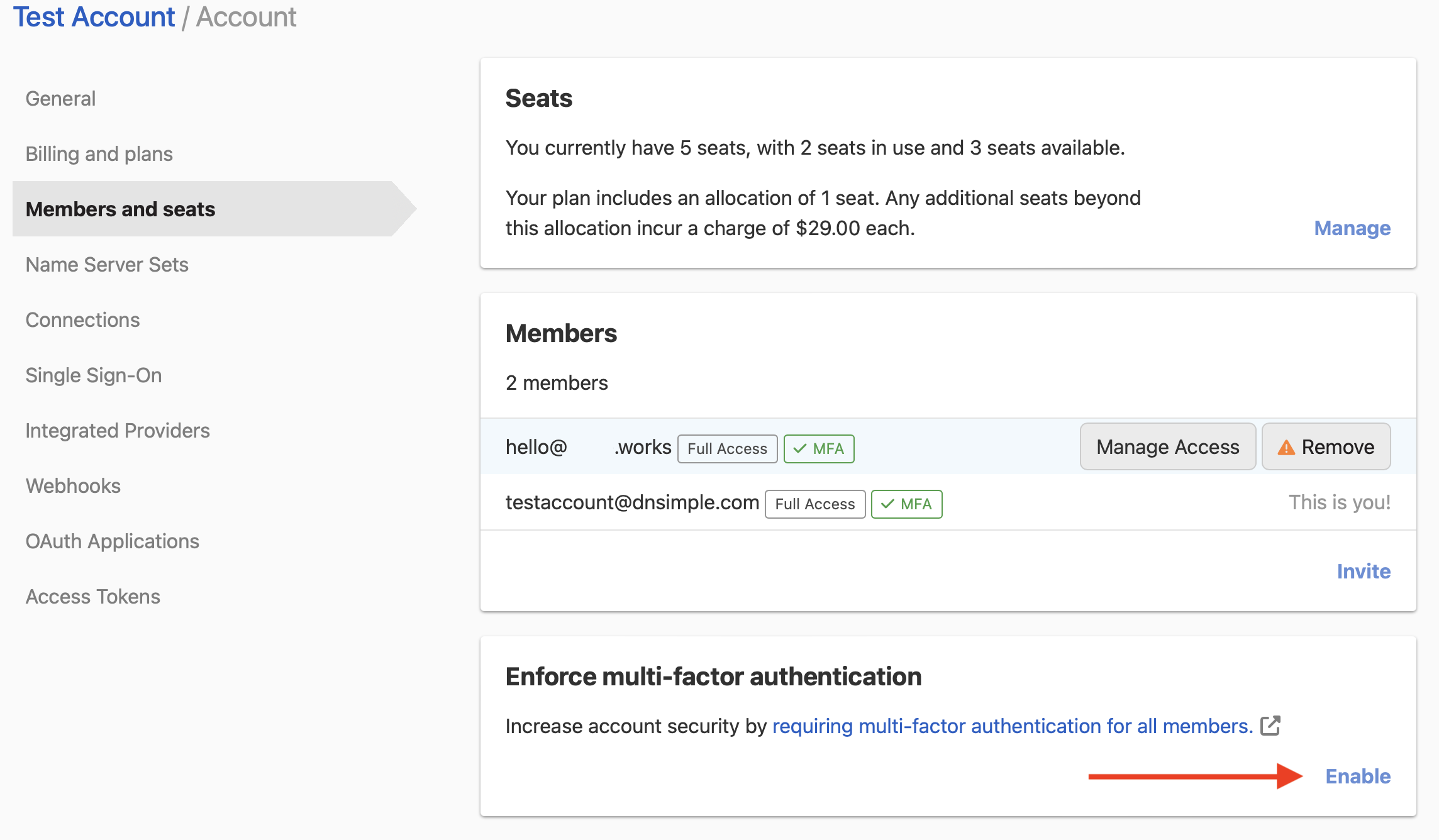 screenshot: mfa settings for account