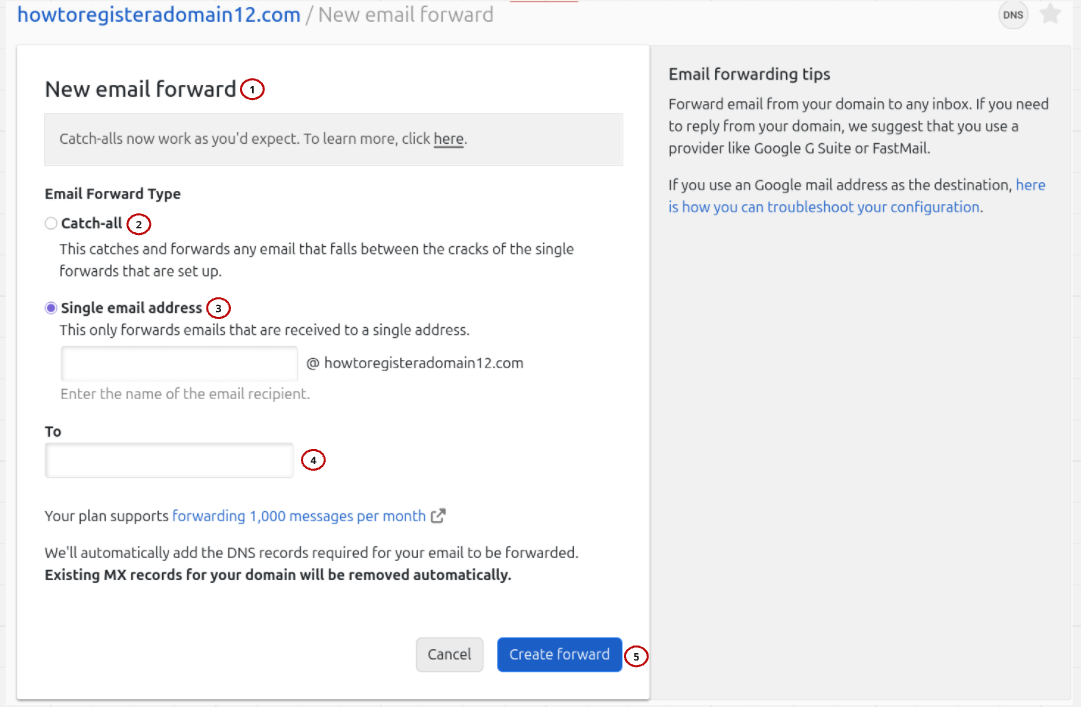 screenshot of viewing email forwarding configuration