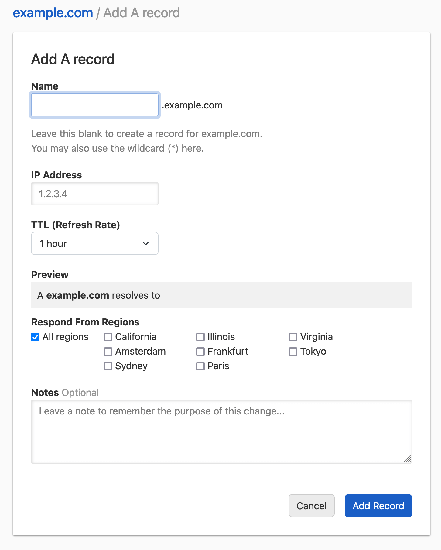 screenshot: Showing form for creating an A record for a domain