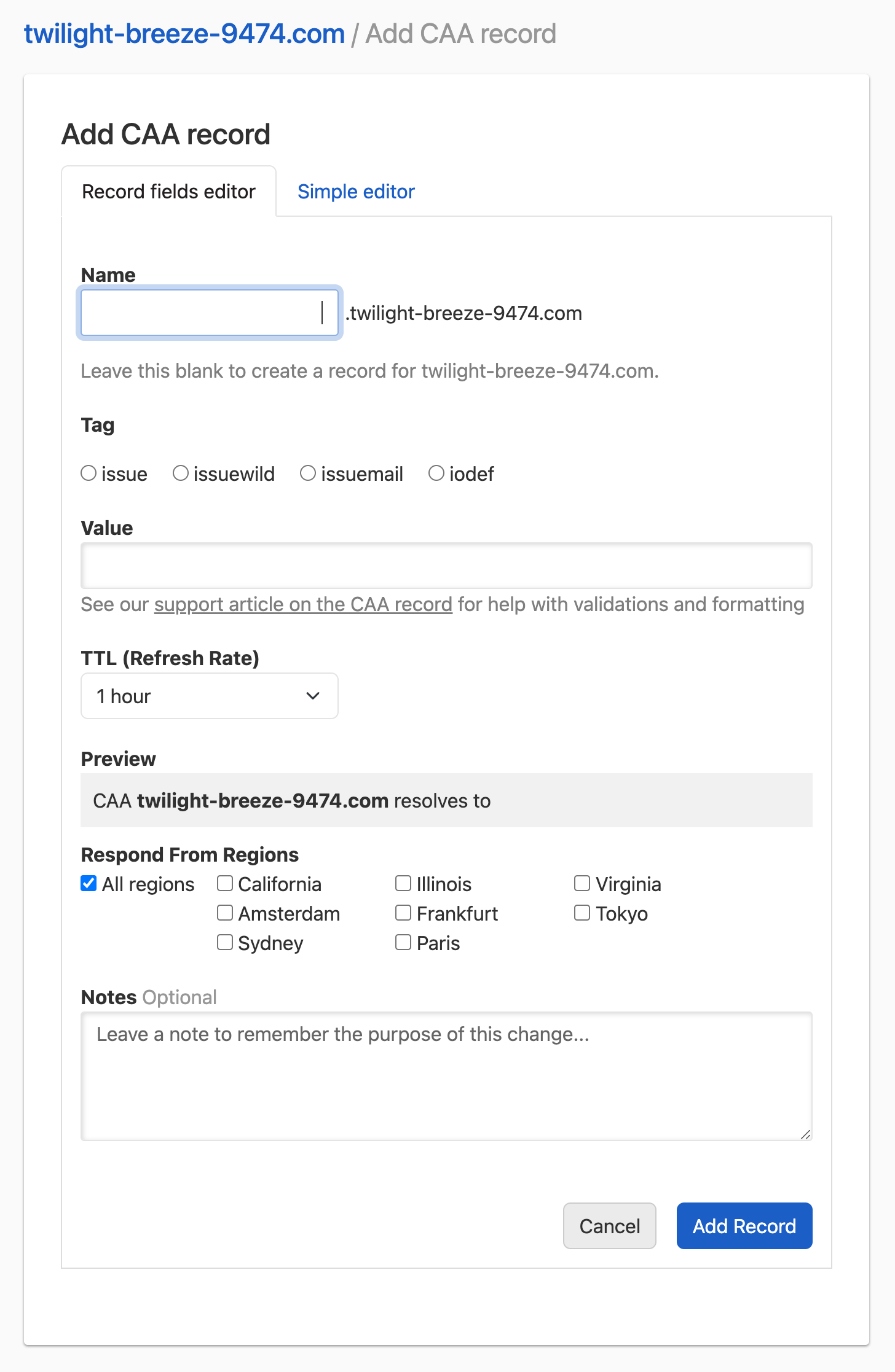 screenshot: Showing create new CAA record form