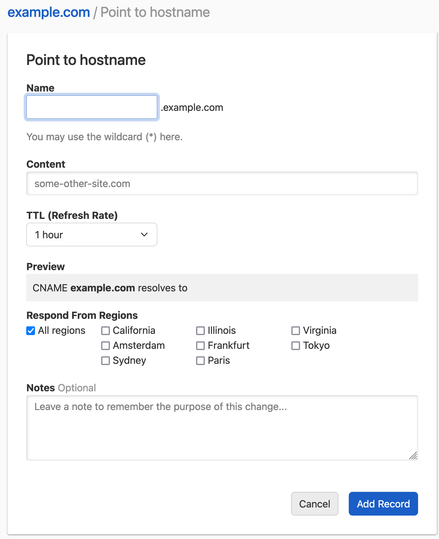 screenshot: create new CNAME record form