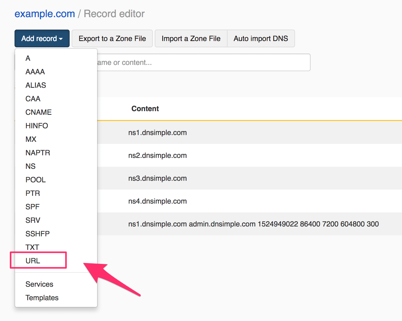 screenshot: Selecting URL record from list of record types