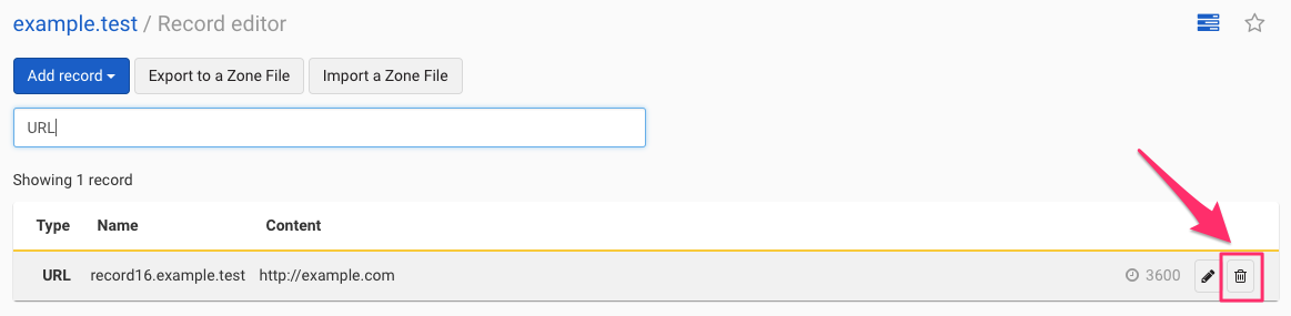 Screenshot: Showing button for deleting a URL record