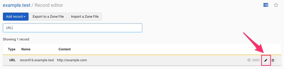 screenshot: Showing button to edit an existing URL record