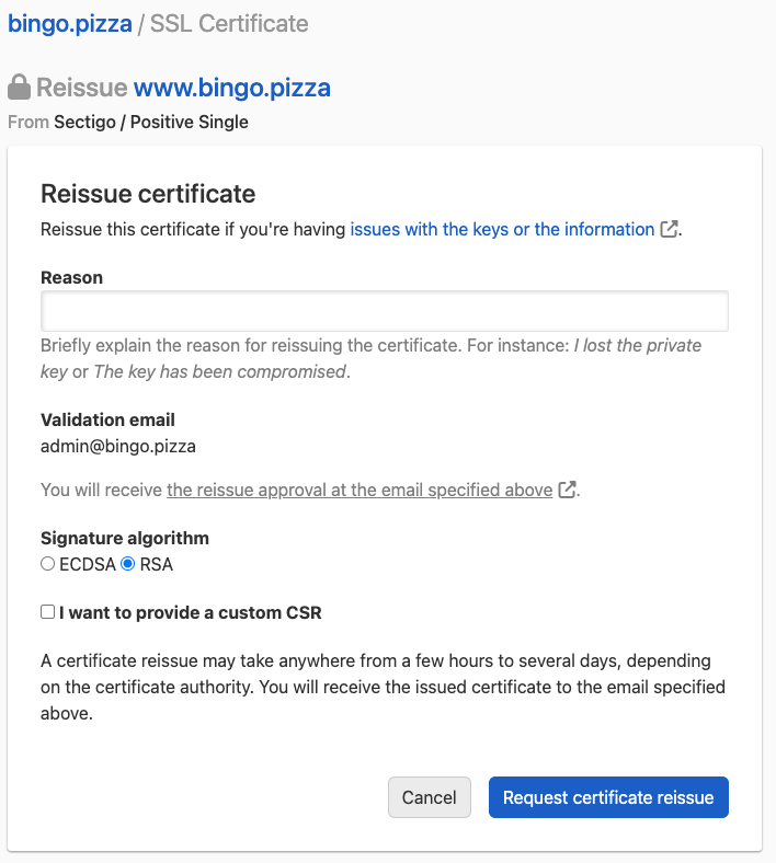 Reissuing a commercial cert with RSA