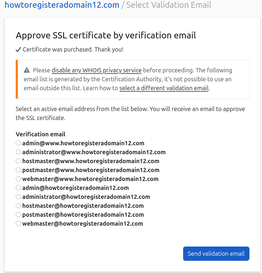 Select validation email