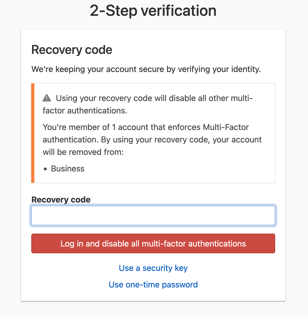 screenshot: Use recovery code disables MFA authentication