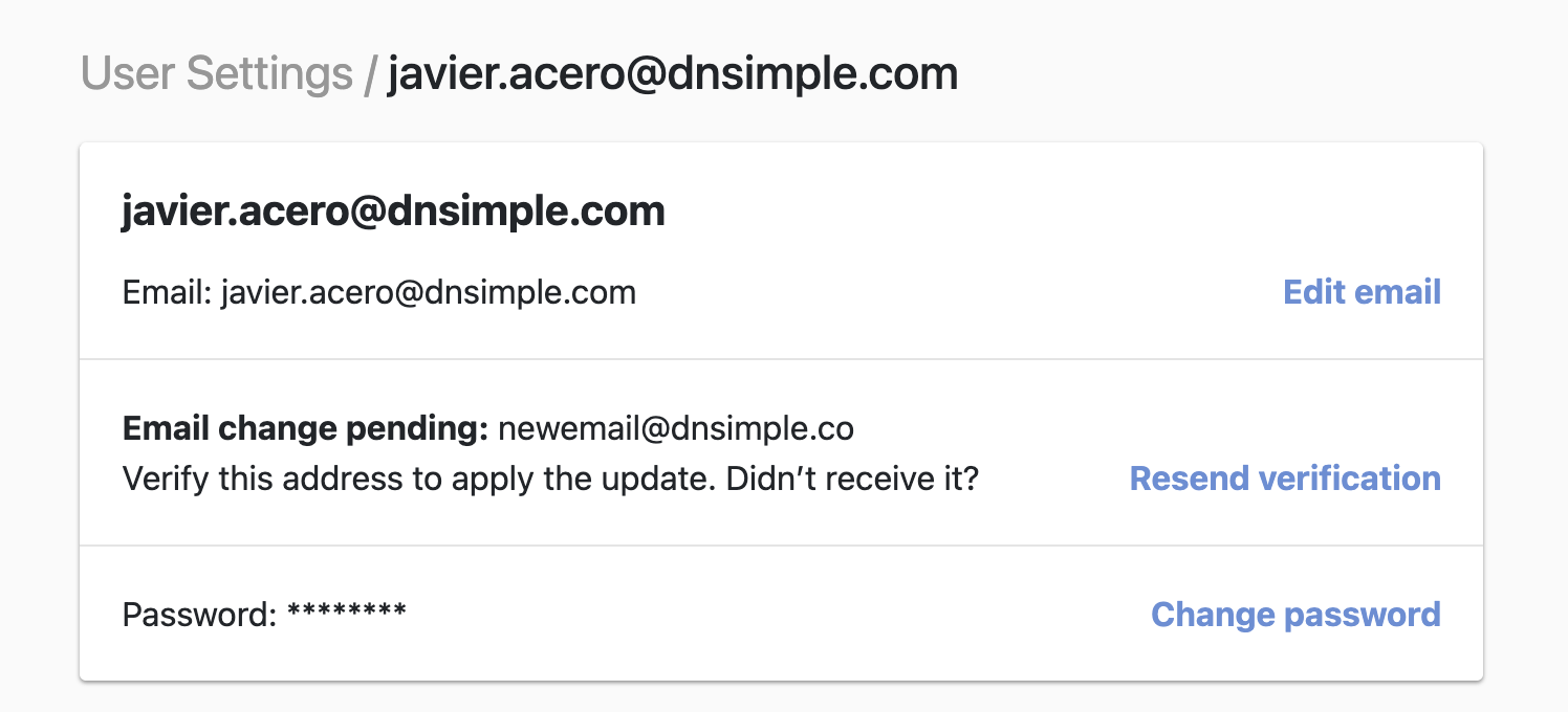 Screenshot of user settings after requesting an email change