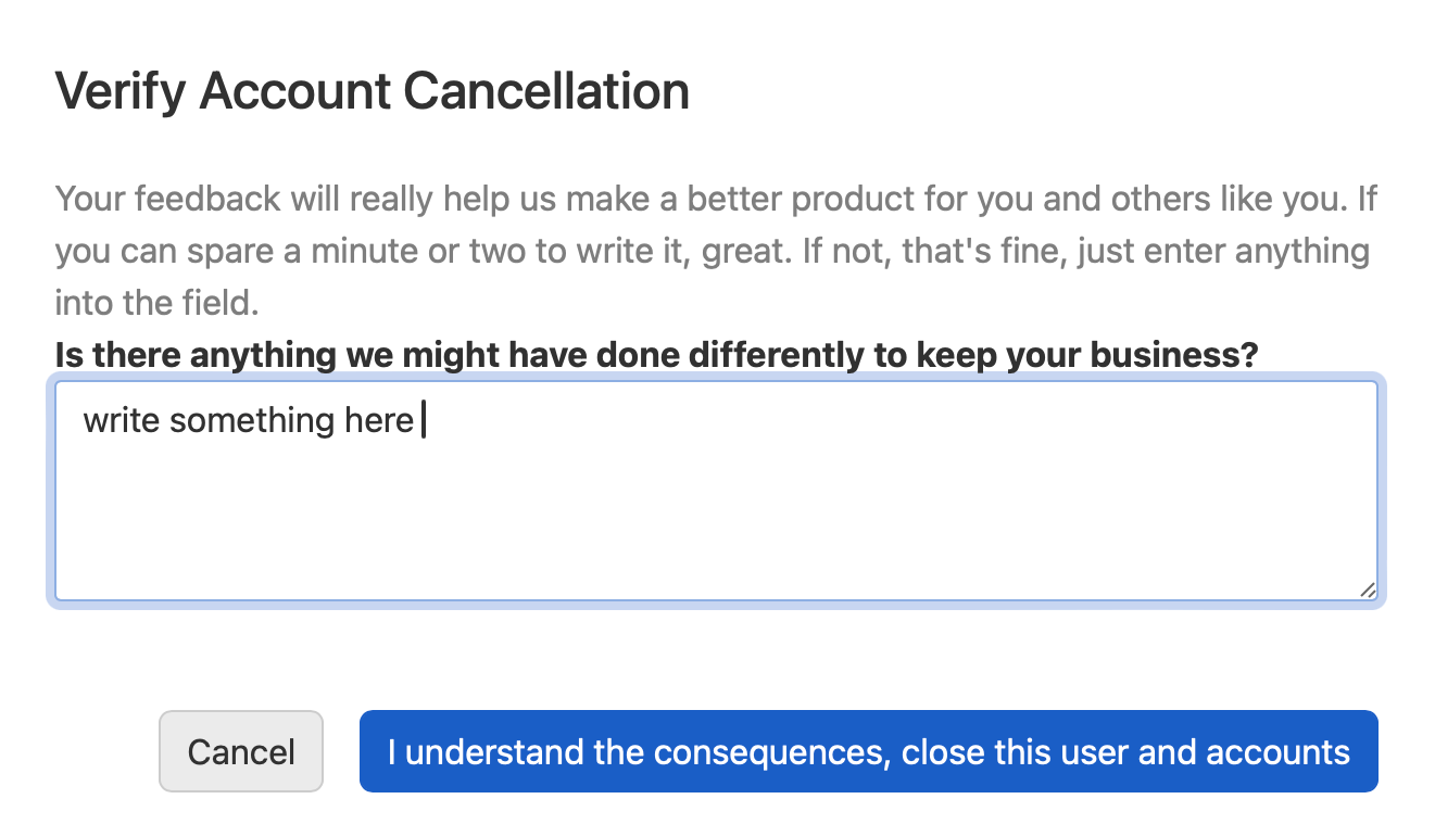 screenshot of verifying canceling account