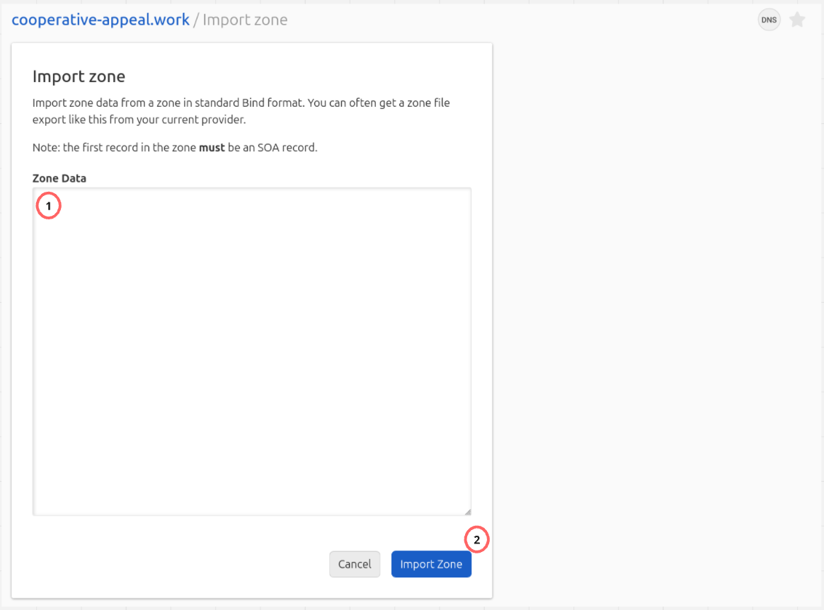 Screenshot of zone data import